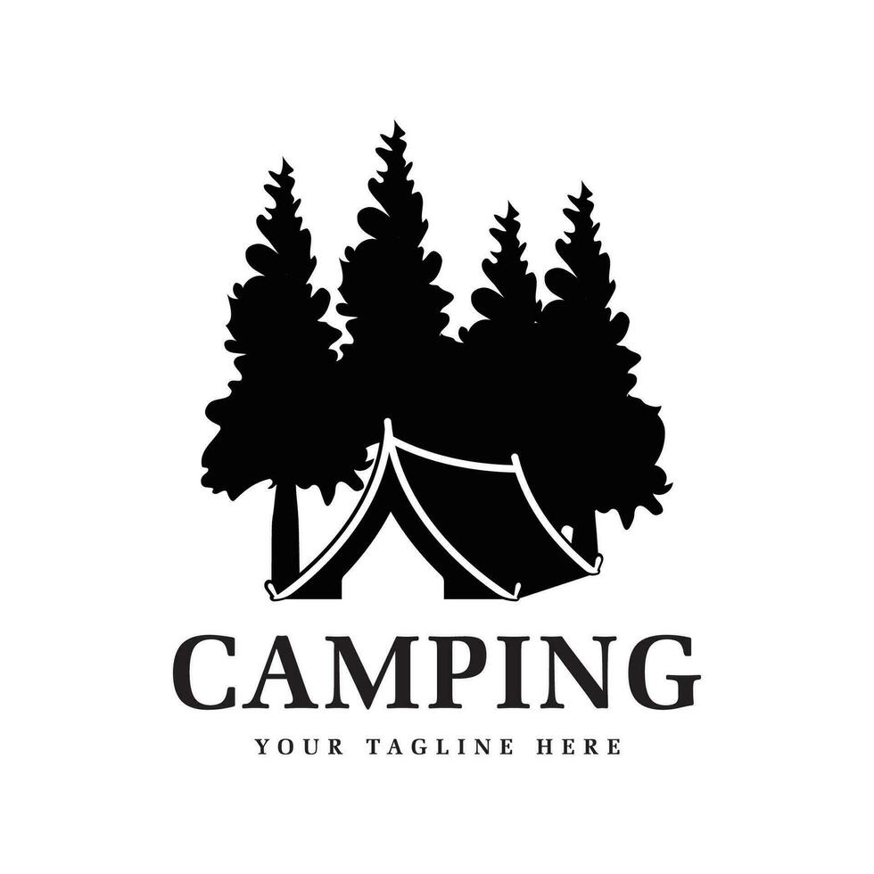 Pine trees and camping tent textured logo design vector