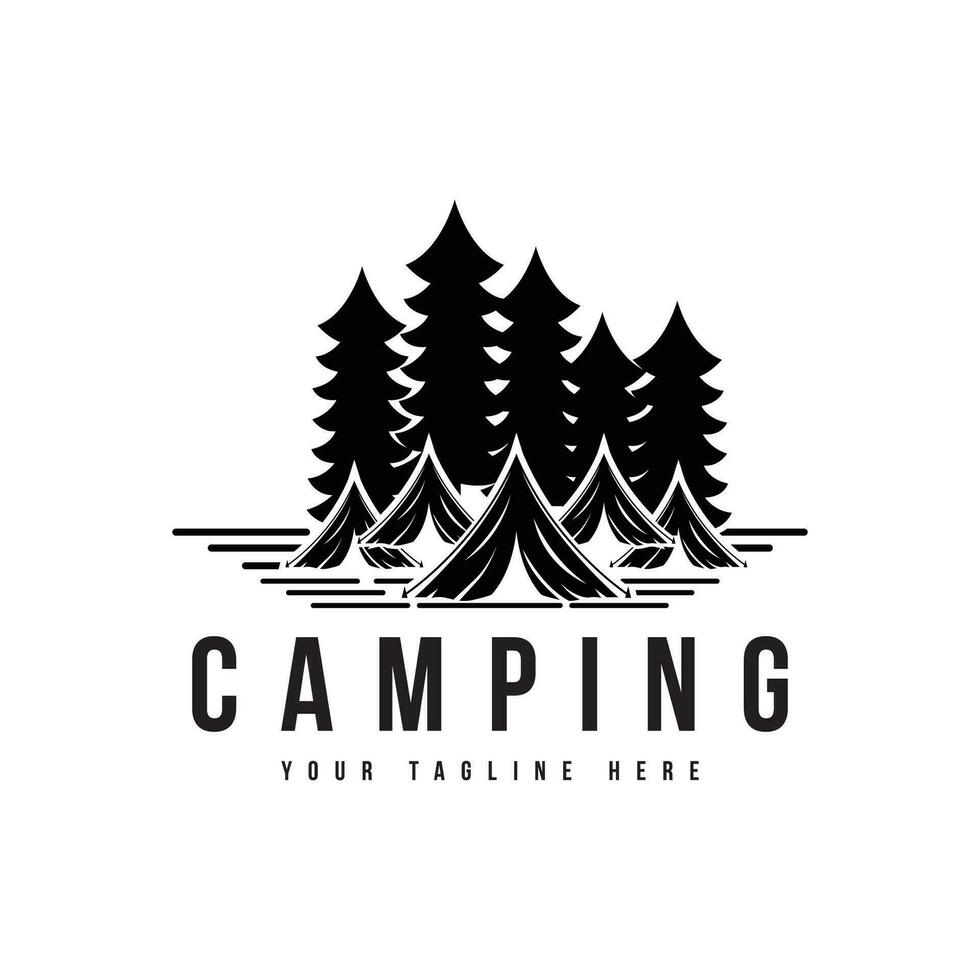 Pine trees and camping tent textured logo design vector