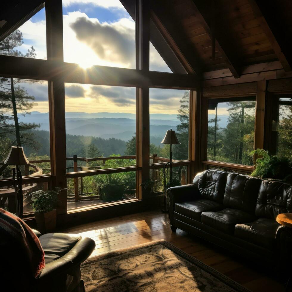 Mountain view from cozy log cabin retreat photo