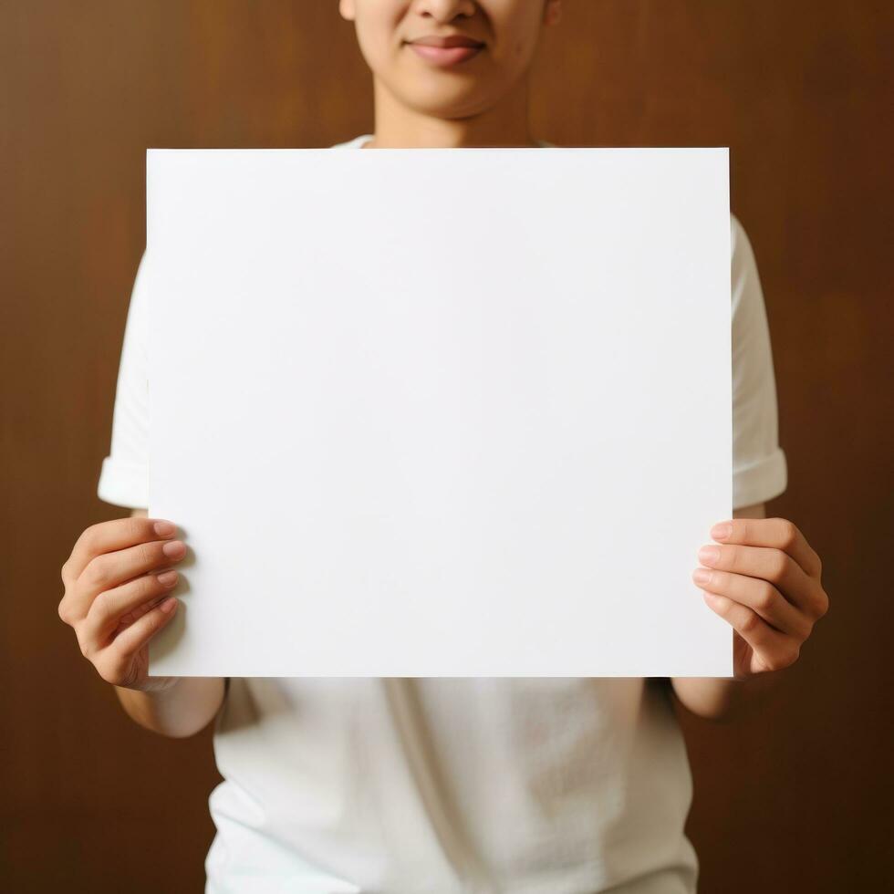 Content marketing. Hands holding a white empty paper photo