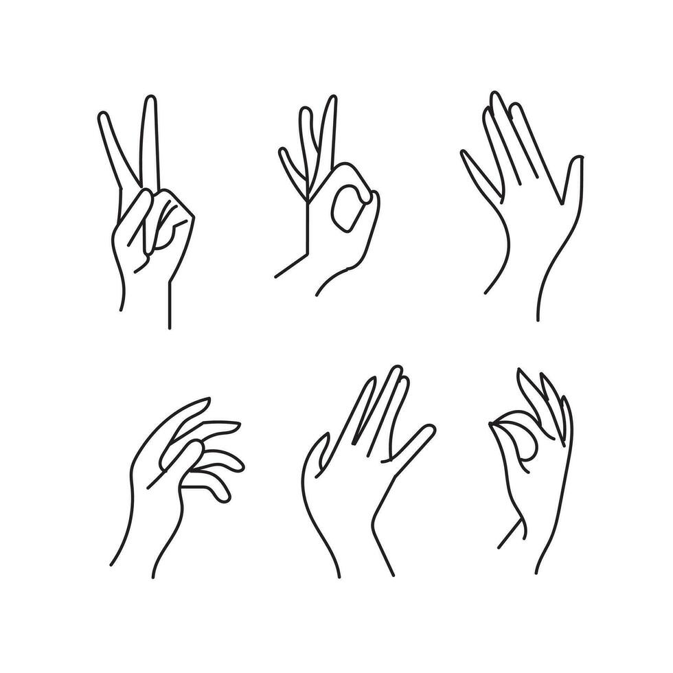 Hands poses. Female hand holding and pointing gestures, fingers crossed, fist, peace and thumb up. Cartoon human palms and wrist vector set. Communication or talking with emoji for messengers