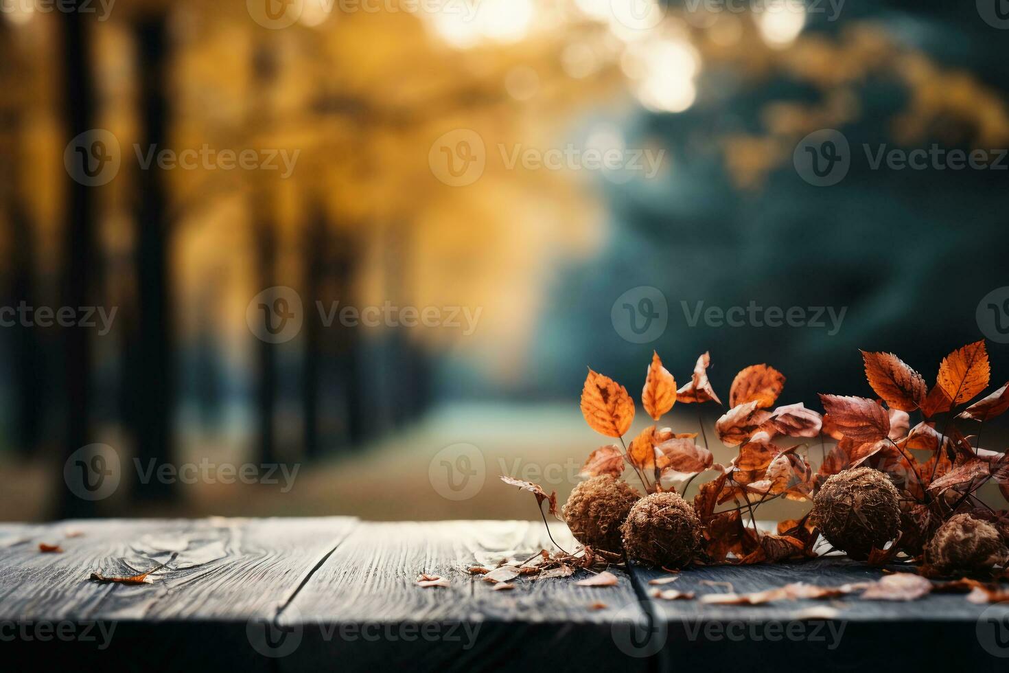 Picture of fall leaves on a wooden table in the forest. AI generative photo