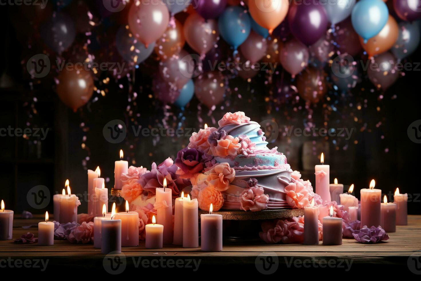 A dreamy colorful birthday decorative background. AI generative photo