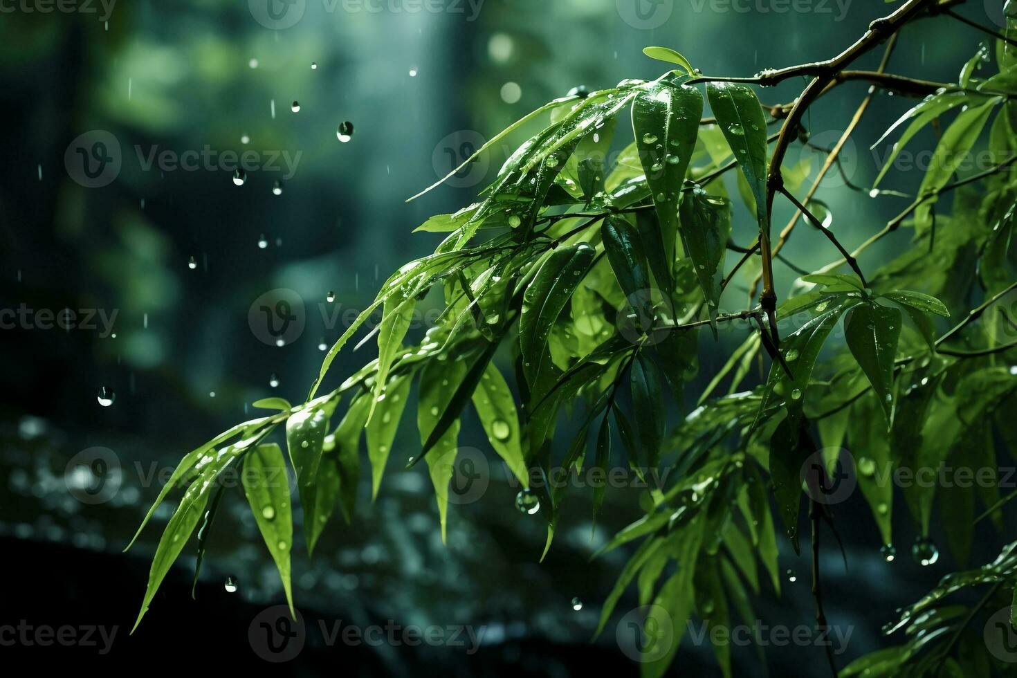 The green bamboo is swaying in the wind. AI generative photo