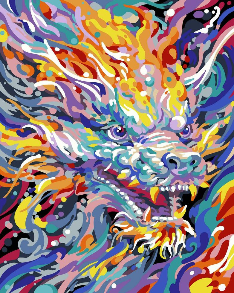 Vector close-up of dragon painting, dragon oil painting, very complex and colorful, rich in color and rich in detail, majestic Japanese dragon, 'dragon breathing fire' painted in bright watercolors