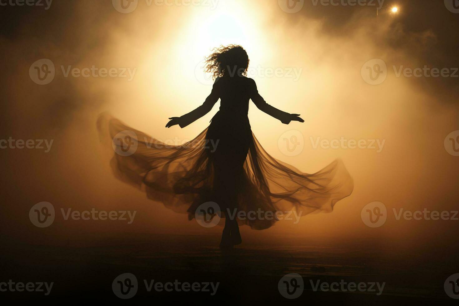 Woman vaguely visible silhouette through thick fog, dynamic pose. AI generative photo