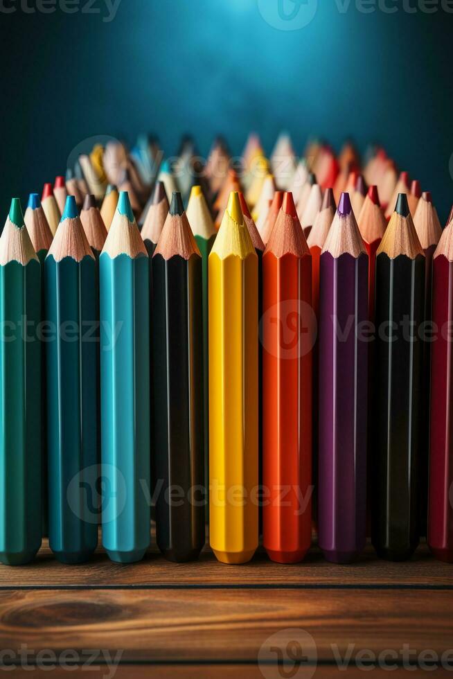 A row of colored pencils lined up against a blue background. AI generative photo