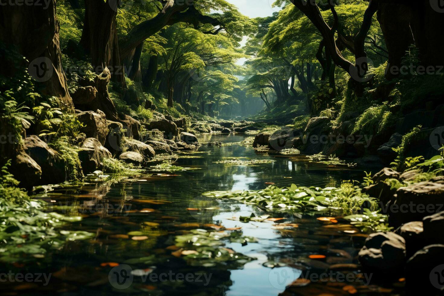 The stream under the big tree is clear to the bottom. AI generative photo