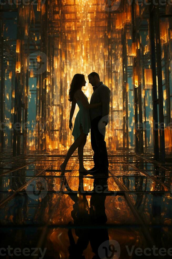 Amazing multiple exposures of a couple dancing in a futuristic hall of mirrors, the floor is shallow crystal blue water. AI generative photo