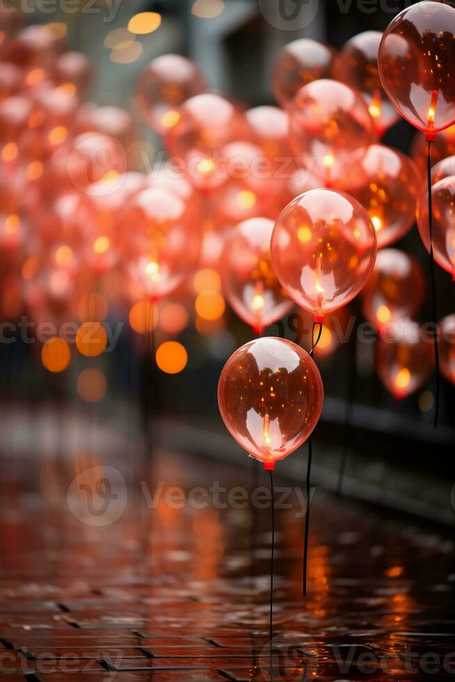 rojo globos, bokeh en antecedentes, superficial profundidad de campo. ai generativo foto