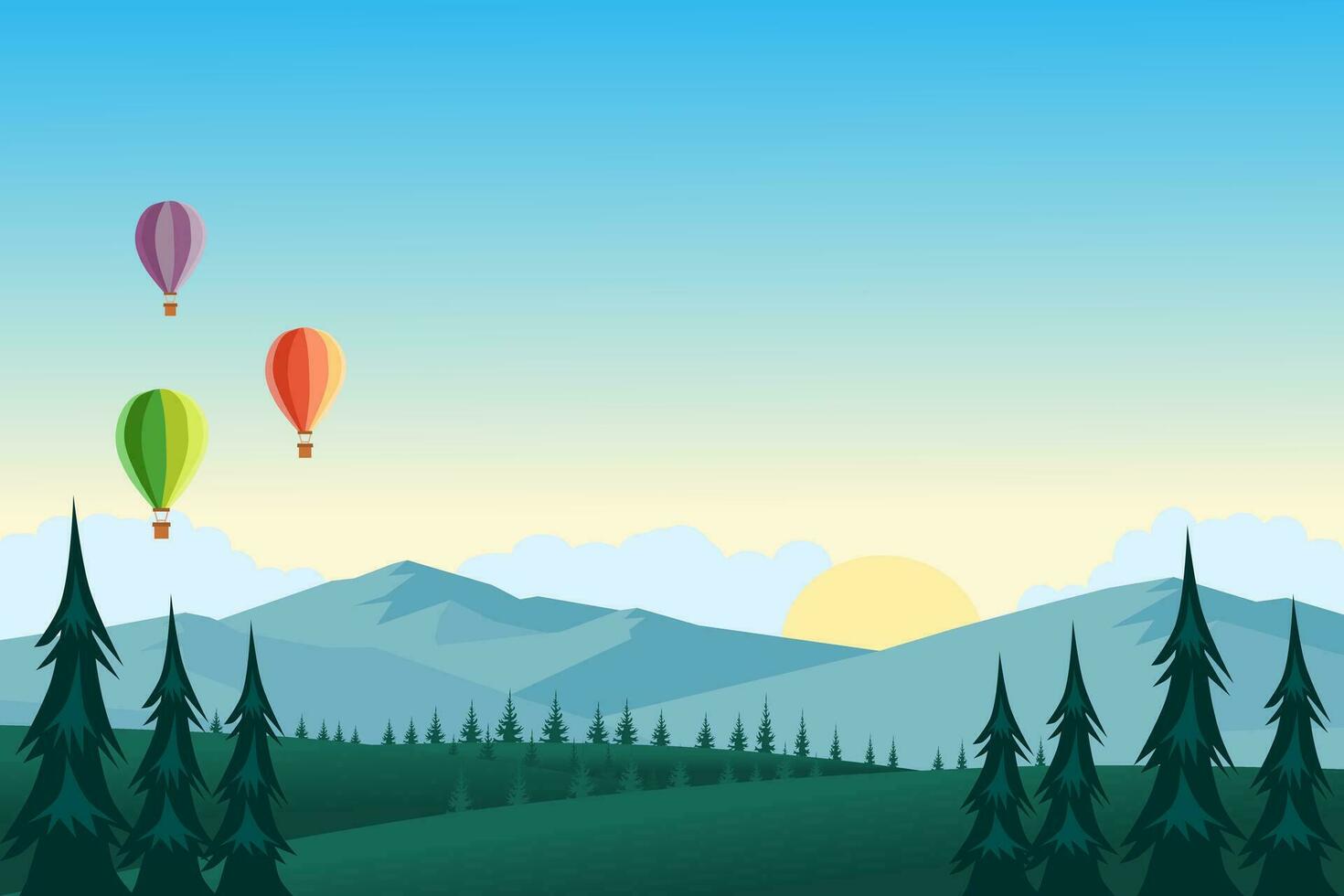 Colorful hot air balloons flying over mountain landscape. Green meadows and trees illustration. vector