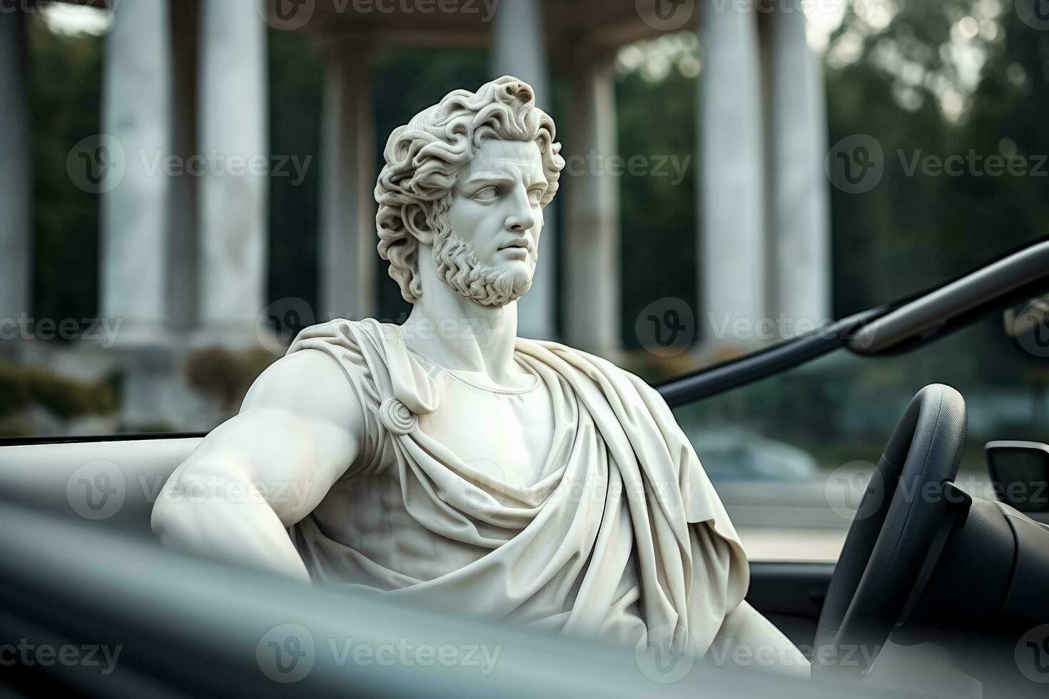 Marble Ancient greek statue drives the car in city photo