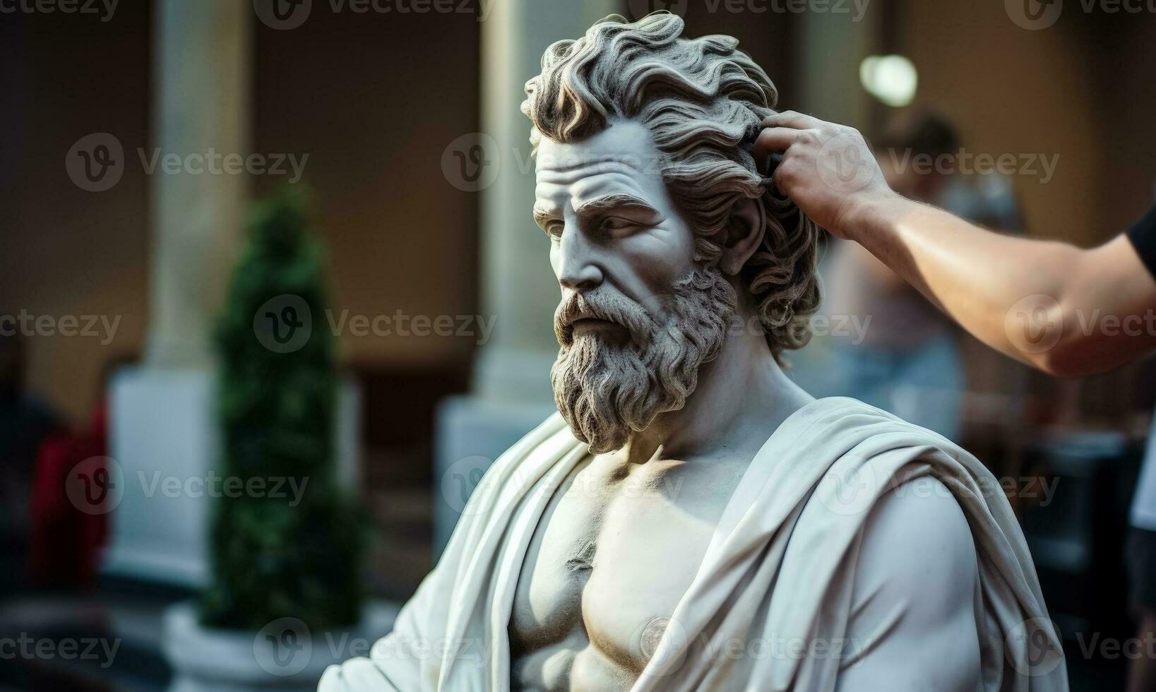 mármol antiguo griego estatua en el belleza salón teniendo Corte de pelo foto