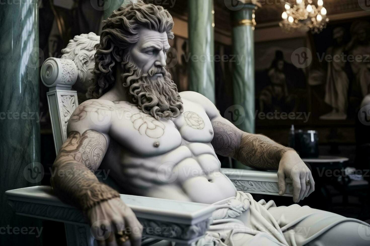 Marble ancient greek statue in the beauty salon having tattoo photo