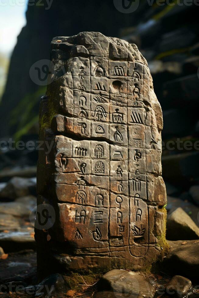 Ancient language on a rock. AI generative photo