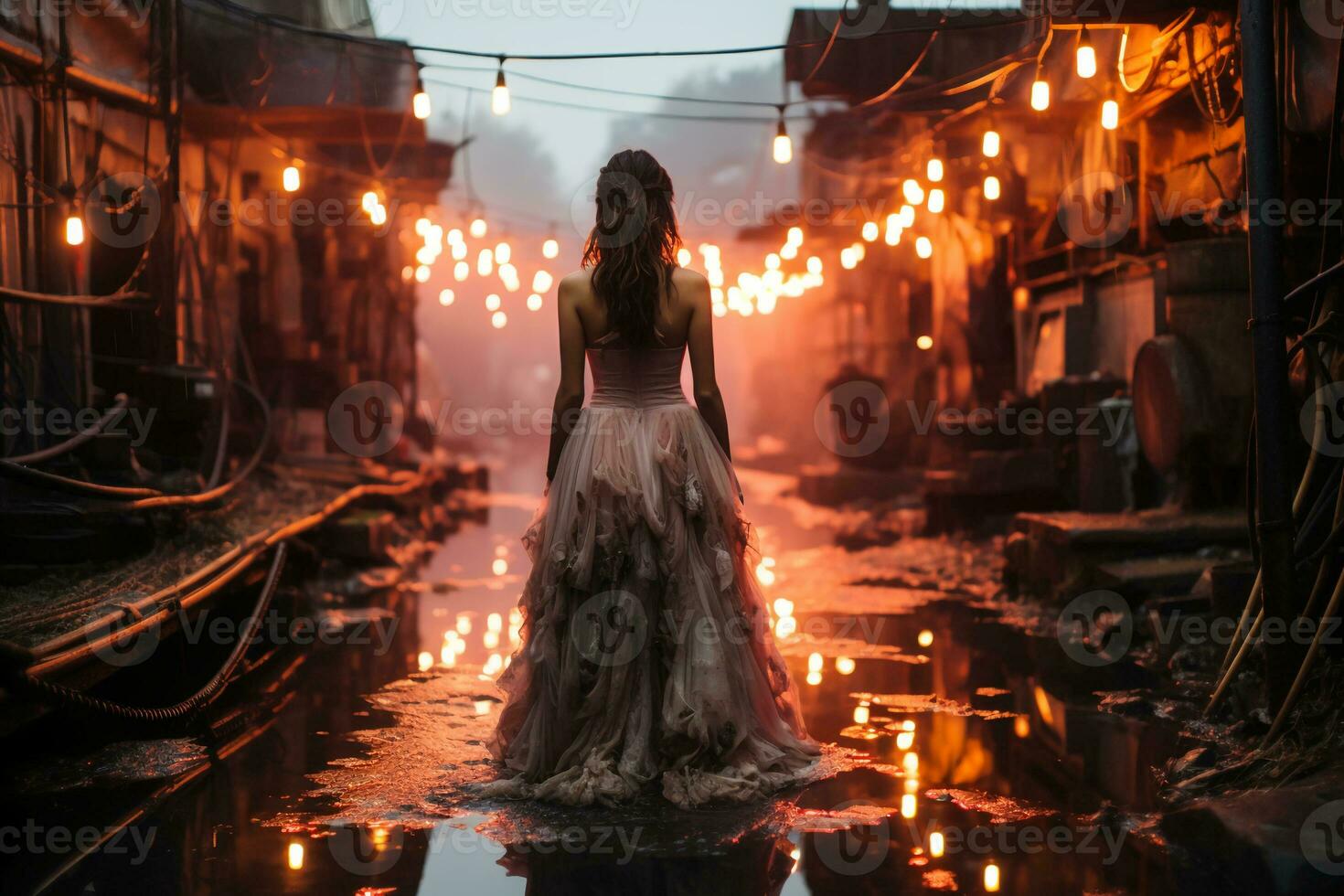 A woman in a dark fairy kei fashion wedding dress wading in a rundown industrial complex in the rain at dusk. Moody atmosphere. AI generative photo