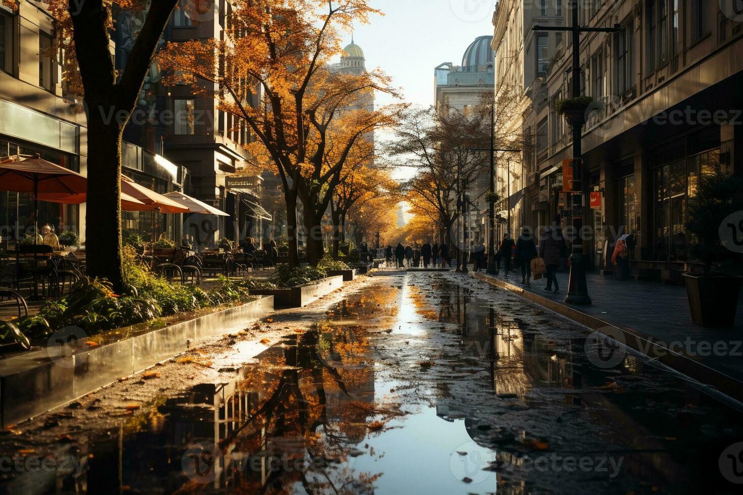 Sunny day after the rain, urban live, modern city. AI generative photo