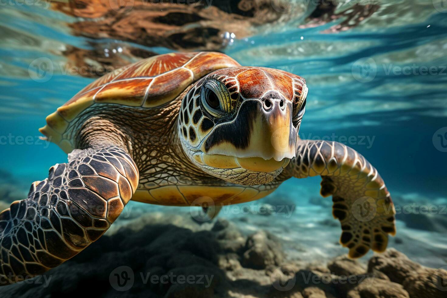 A sea turtle roams leisurely in the vast ocean. AI generative photo