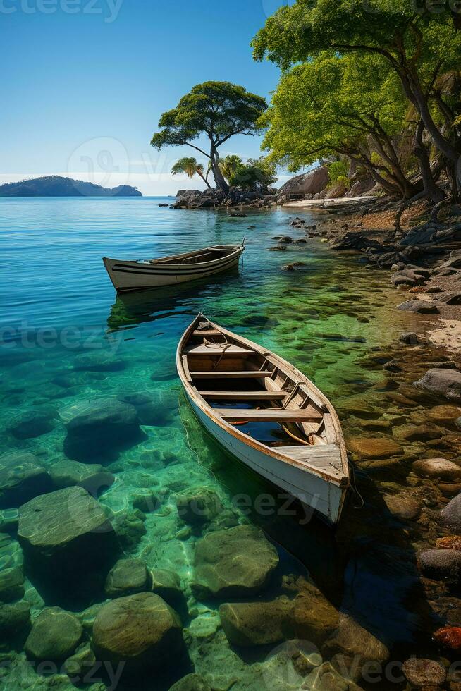 tropical isla con tradicional pescar barcos ai generativo foto