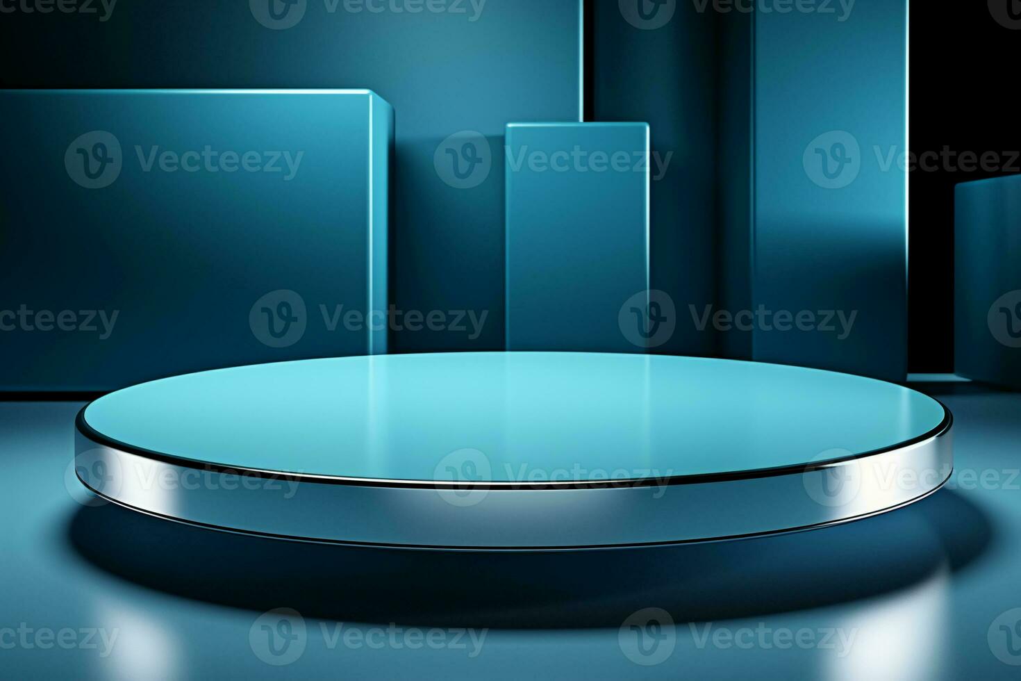 a silver metal podium and backdrop in studio lighting blue background. AI generative photo