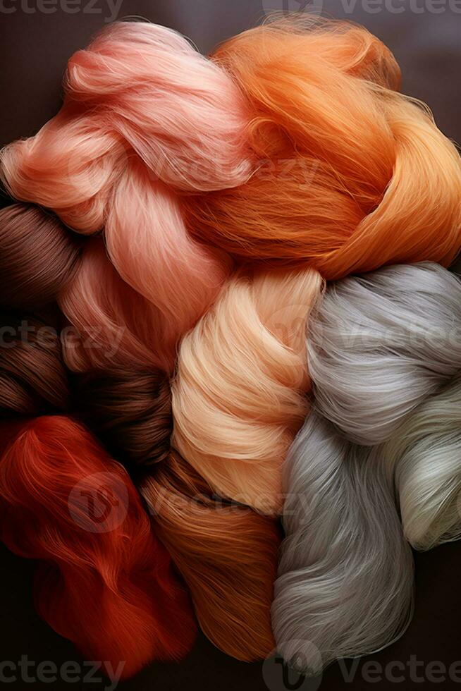 Large pile of red and brown yarns. AI generative photo