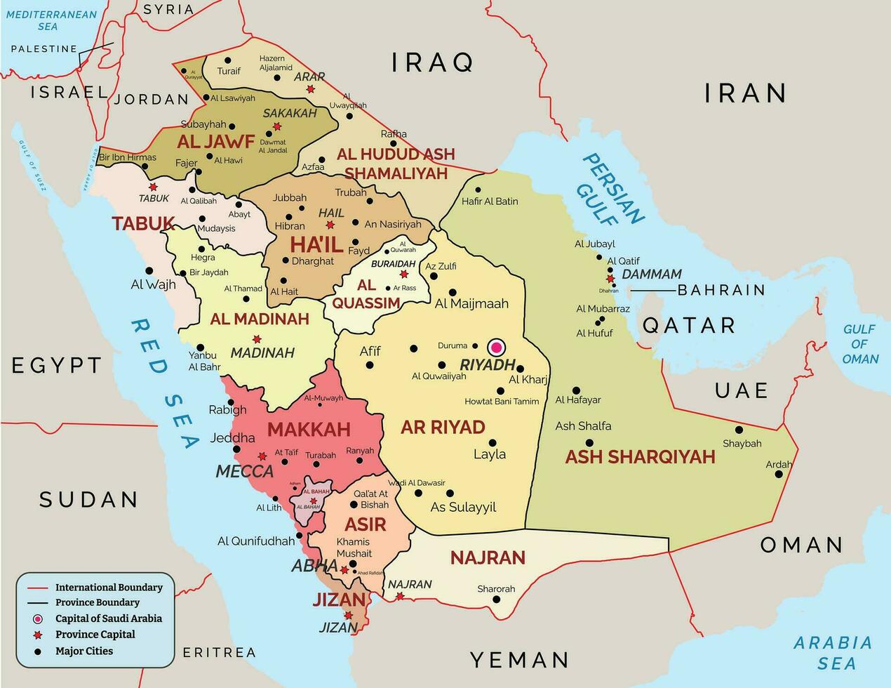 High details Saudi Arabia map with provinces, regions, capitals, provinces boundary, International boundary, major cities vector