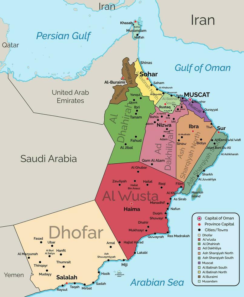 A colorful Oman map vector with 11 governorates, provinces, major cities, towns, and capitals also adds international borders, gulfs, and oceans