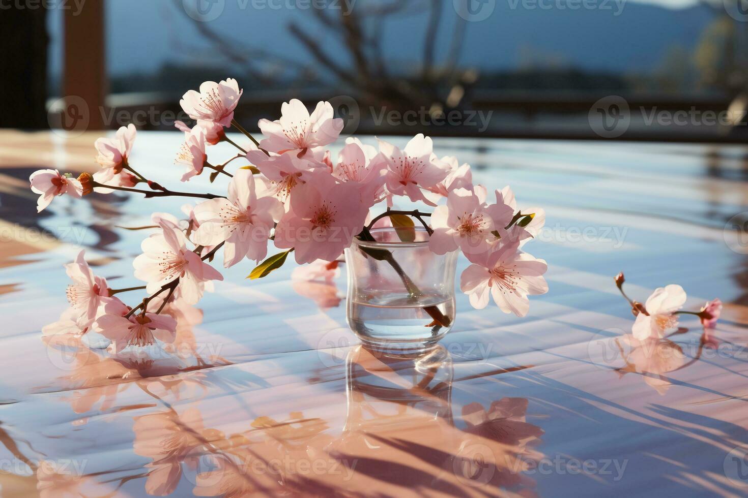 Single laminate plank surrounded by pink floral elements. AI generative photo