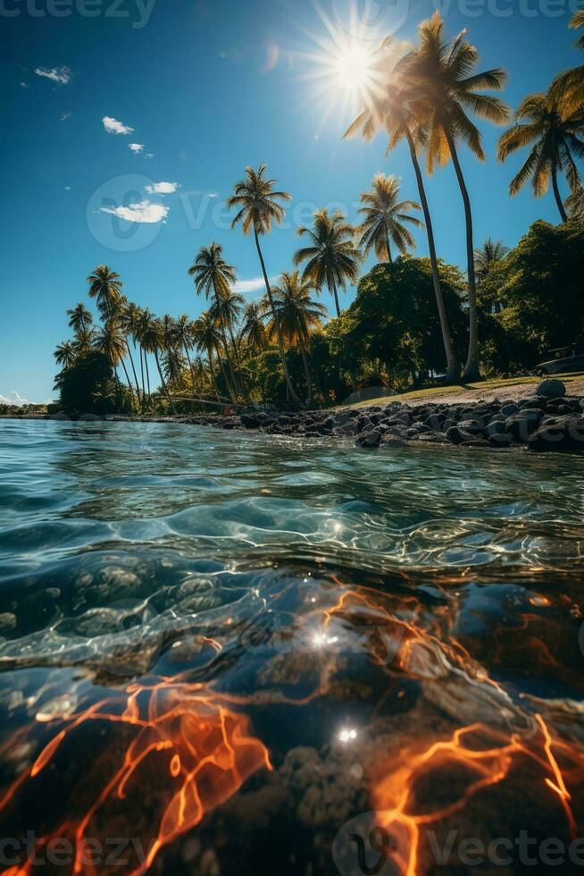a paradisiacal beach, with the sun centered at the highest point in the sky, and some palm trees. AI generative photo