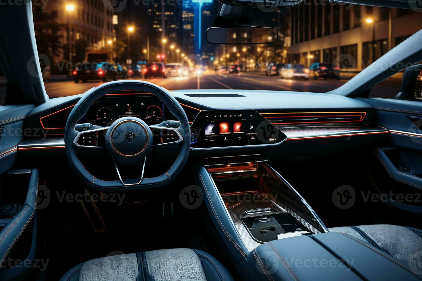 Interior car, electric car, Blue, Modern, hype realistic. AI generative photo