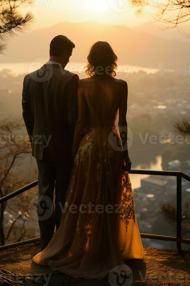 Pareja vistiendo vestir en el niebla de temprano Mañana. ai generativo foto