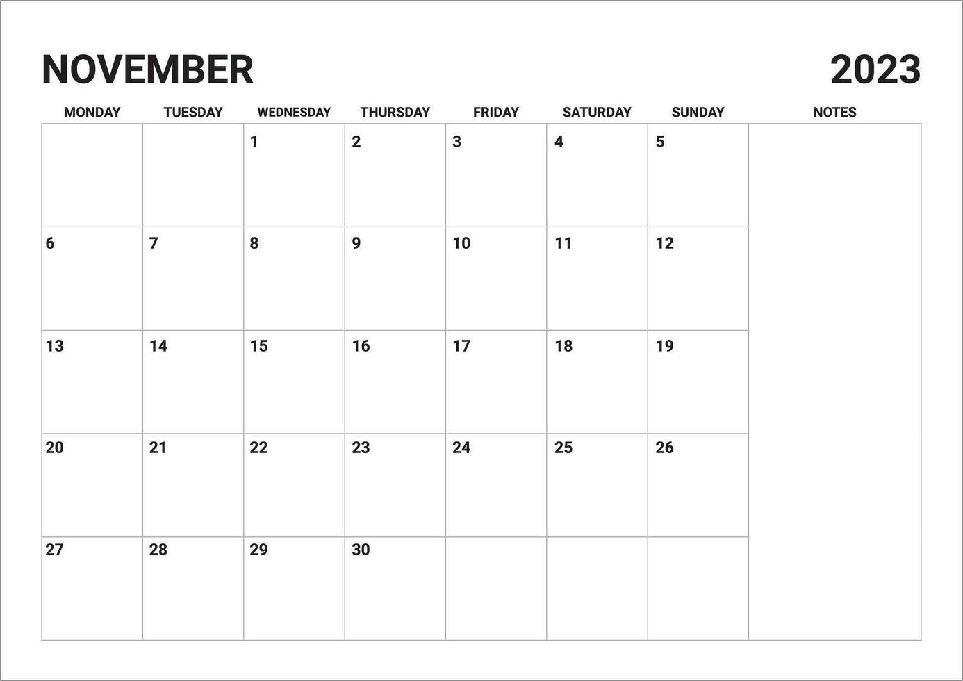 2023 Monthly November calendar include notes vector