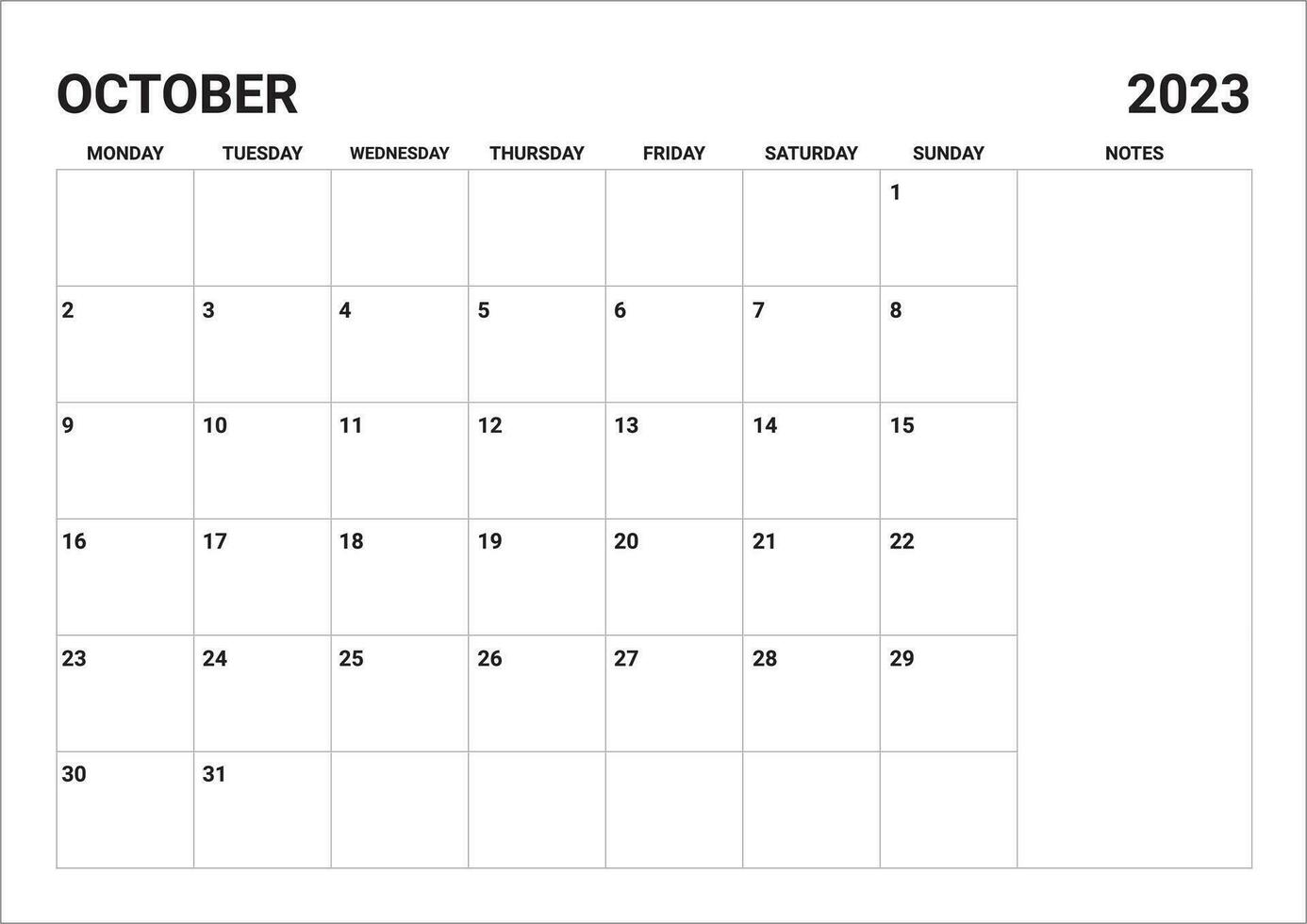 2023 Monthly October calendar include notes vector