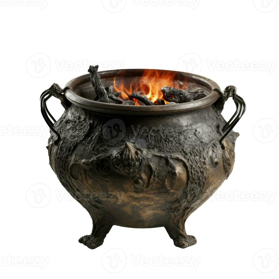 Black cauldron for witches on white background photo