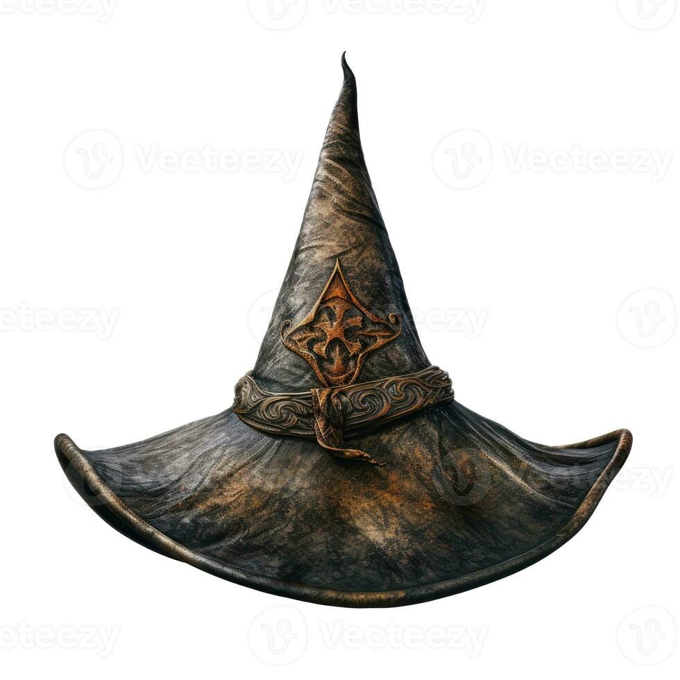 Black halloween witch hat isolated on white background photo