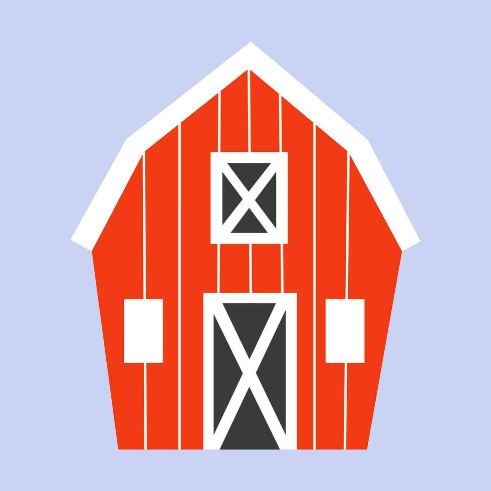Cute red barn. Hand drawn building. Vector cartoon doodle illustration for kids.