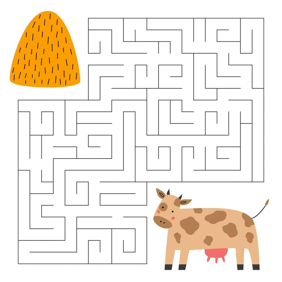 Maze for children of agricultural animal, a cute cow and a haystack. Vector cartoon illustration isolated on white background.