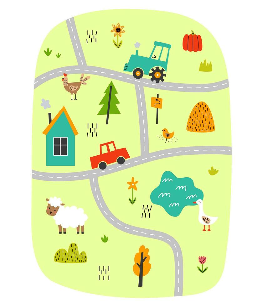Cute village map with houses and animals. Hand drawn vector illustration of a farm. Town map creator.