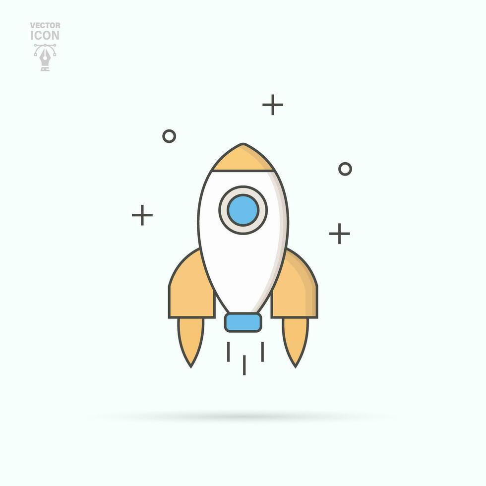 Outlined retro spaceship icon. Cartoon rocket spaceship take off. Isolated vector illustration.