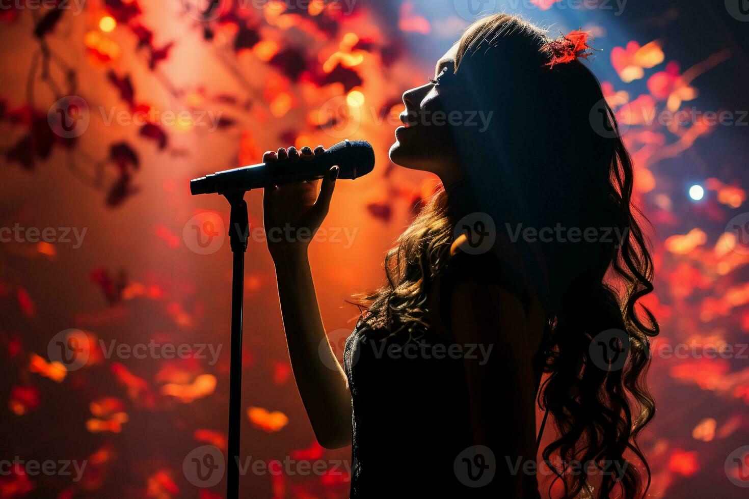 Stylish photography of folklore girl singing to a microphone on stage. AI generative photo