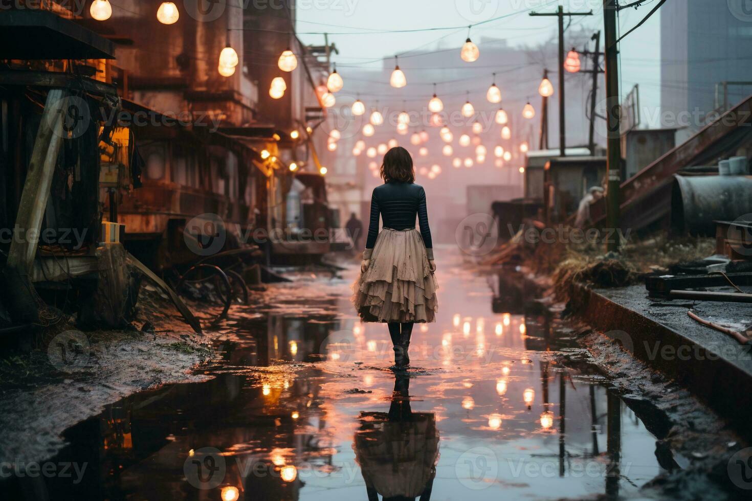 un mujer en un oscuro hada kei Moda Boda vestir vadear en un en mal estado industrial complejo en el lluvia a oscuridad. temperamental atmósfera. ai generativo foto