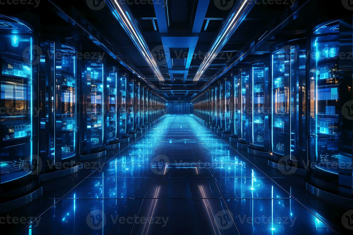A row of black server racks, in the style of transparent layers, metallic rotation, digitally. AI generative photo