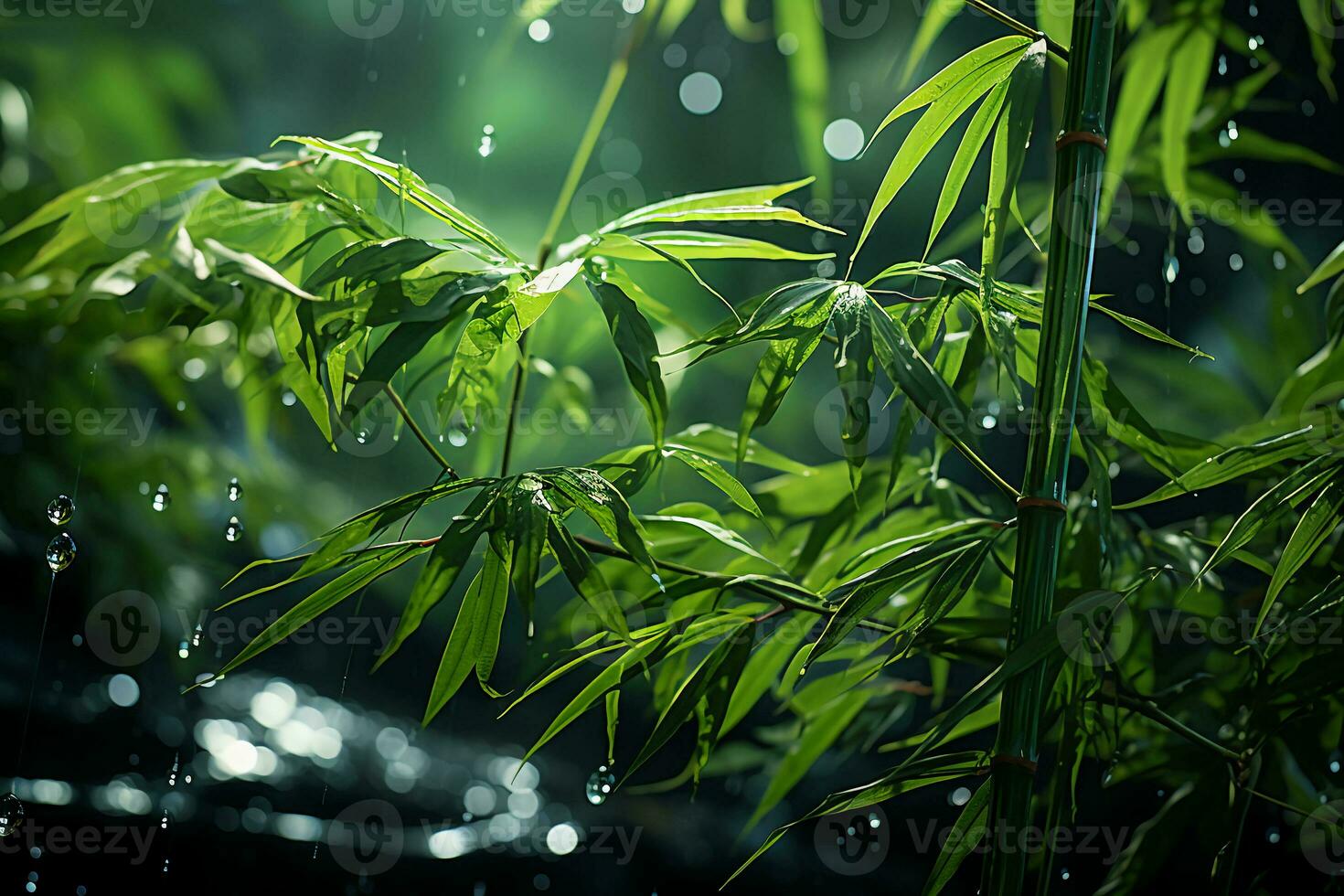 The green bamboo is swaying in the wind. AI generative photo