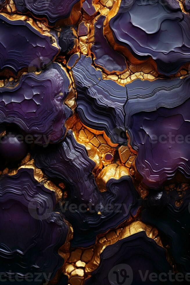 Abstract hypnotic illusion of gold lava over amethyst colors. AI generative photo