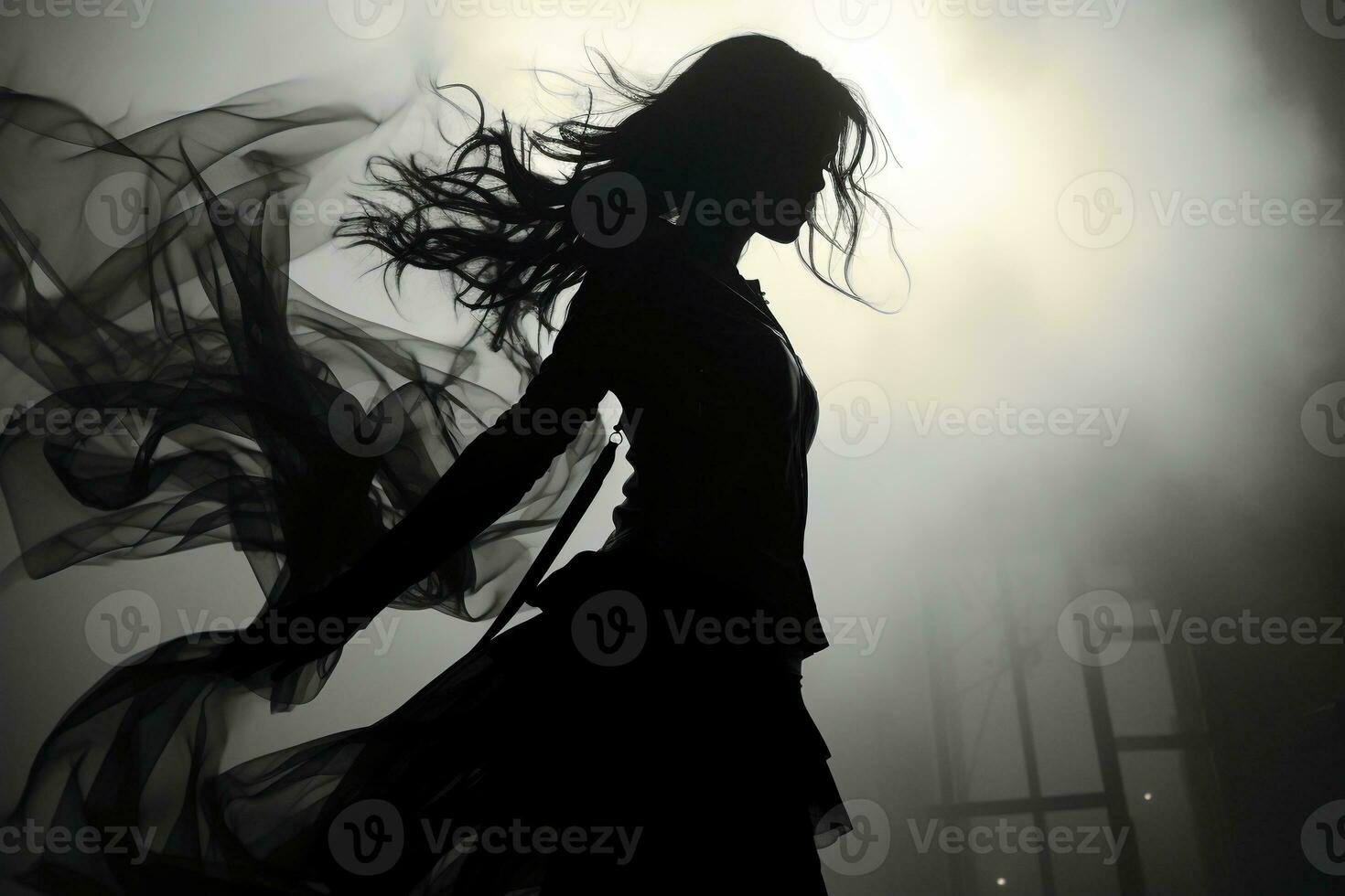 Woman vaguely visible silhouette through thick fog, dynamic pose. AI generative photo