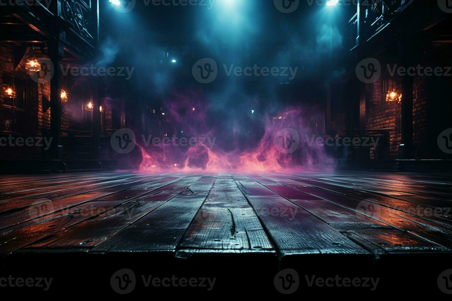 Background of empty dark scene with wooden old floor. Neon light smoke. AI generative photo