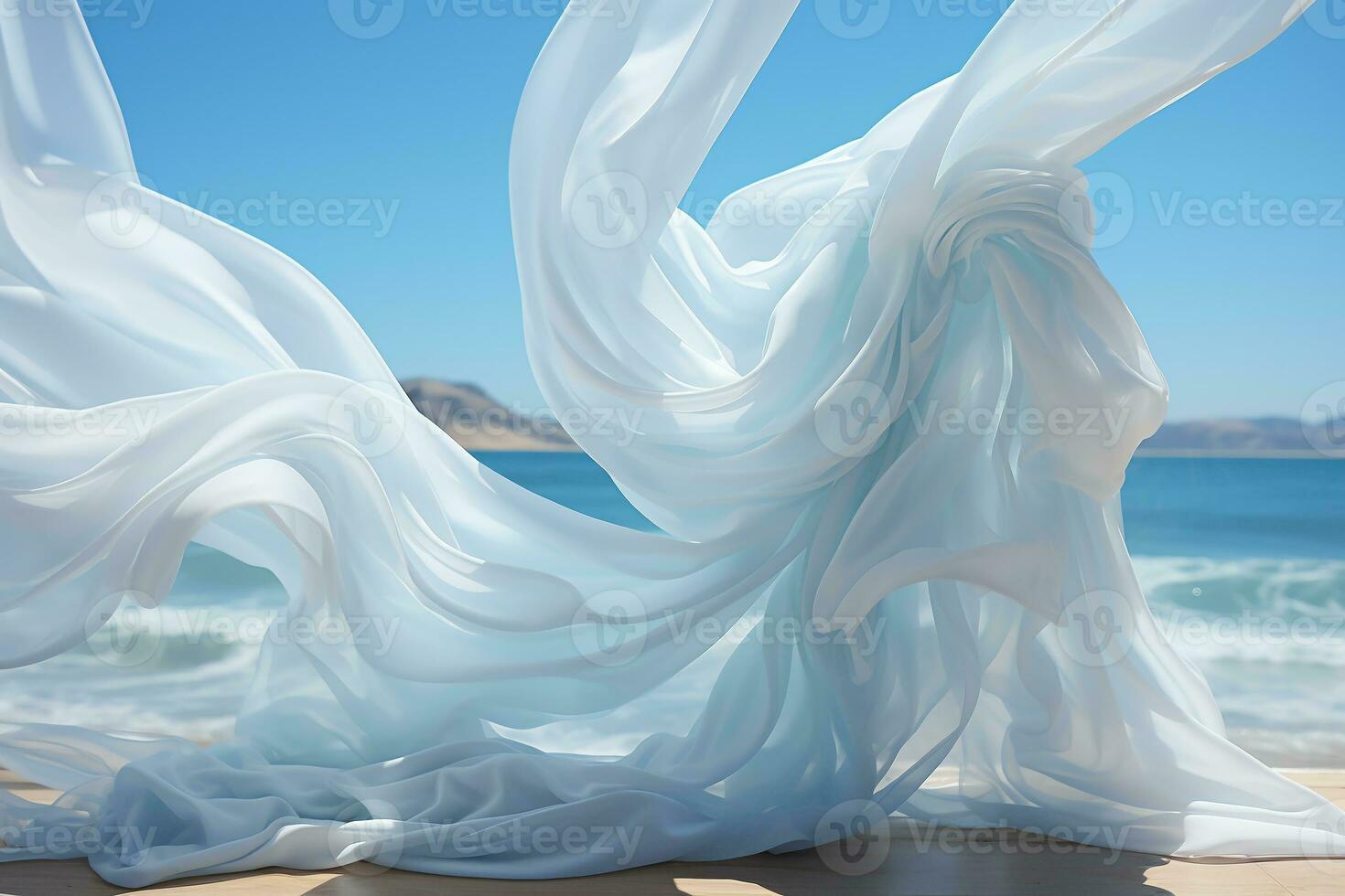 Blurred clear sky, clouds, and sea seen through the white curtains of the wind. AI generative photo