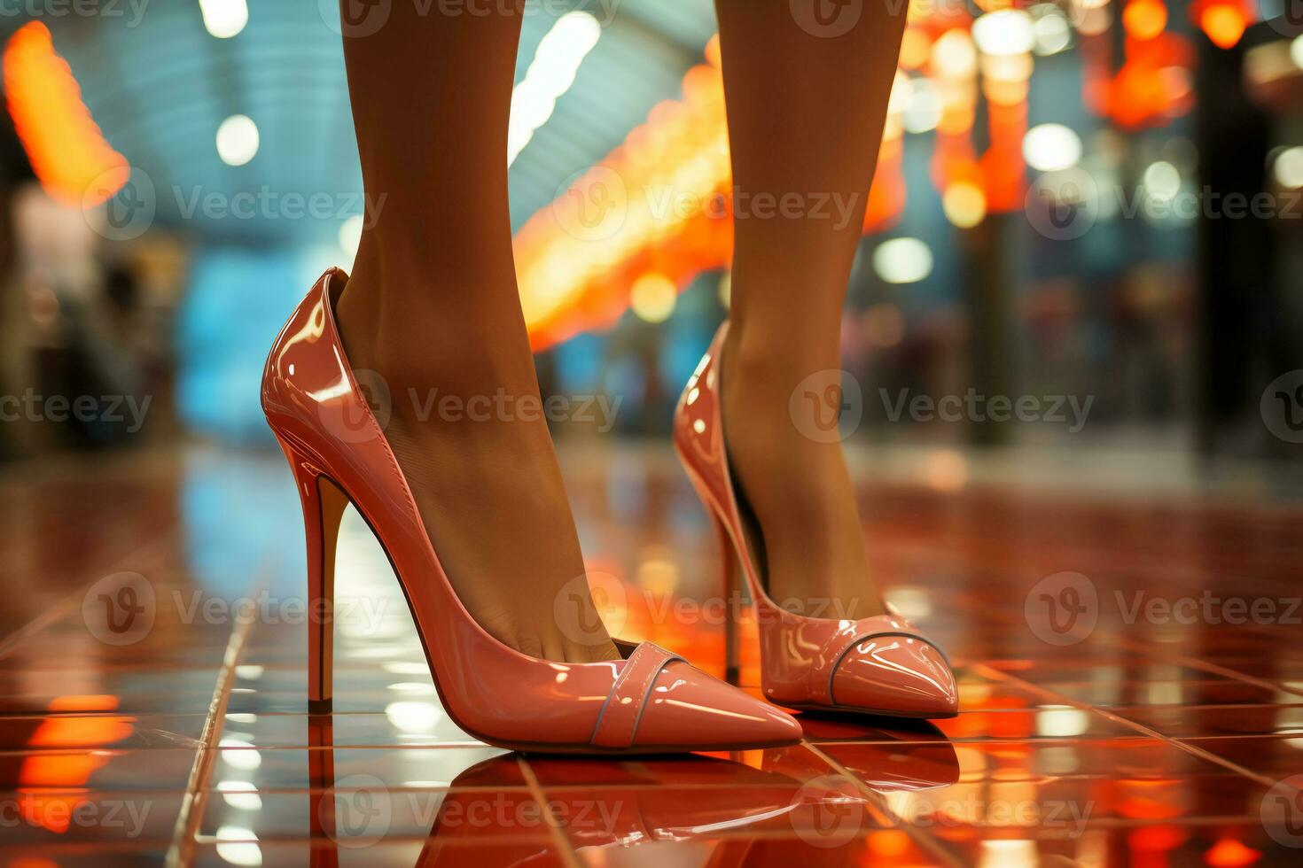Zoom close up woman in flat shoes walking side view light and bright background indoor hyper realistic images. AI generative photo