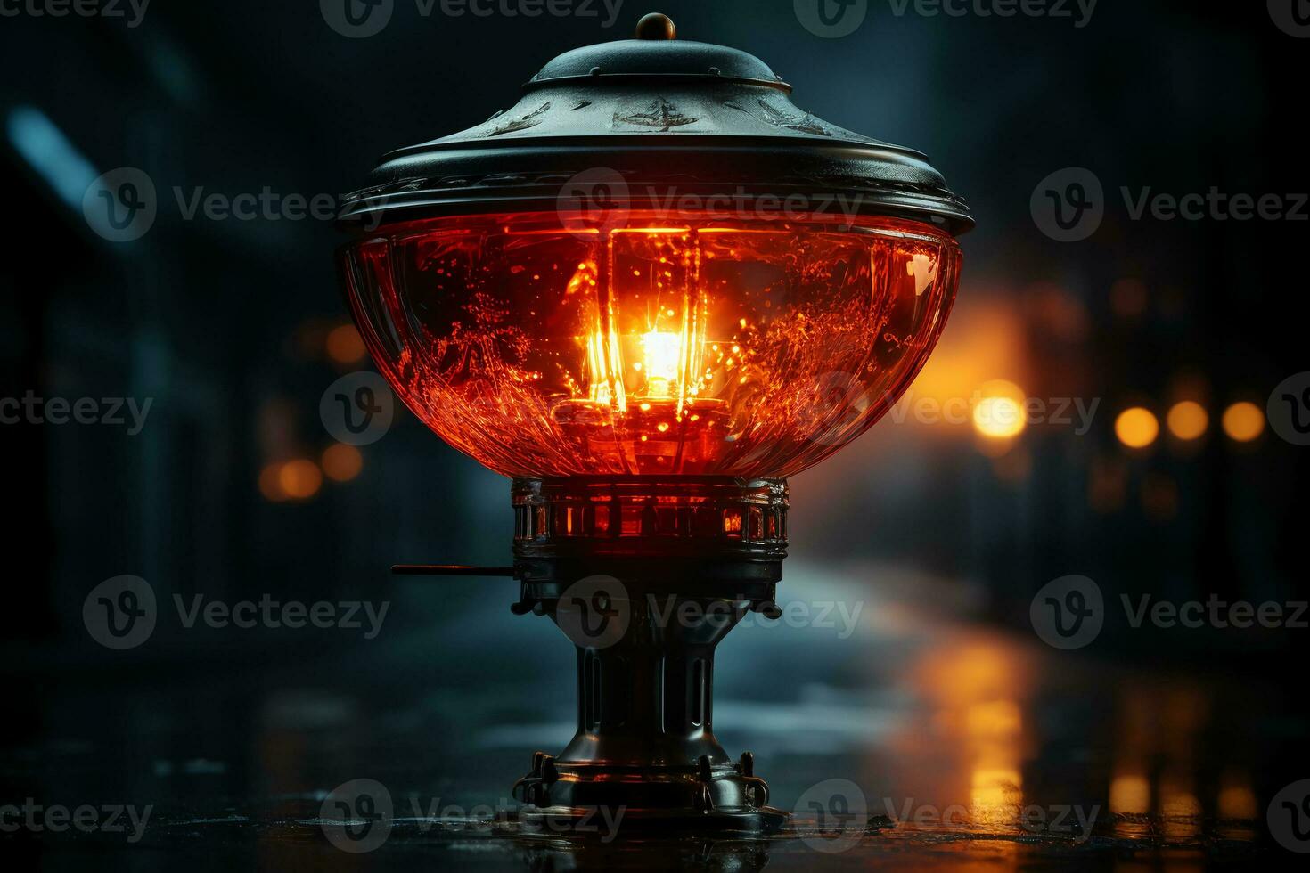 Warning lamp in the street at night. Red alert lamp or warning indicator. AI generative photo