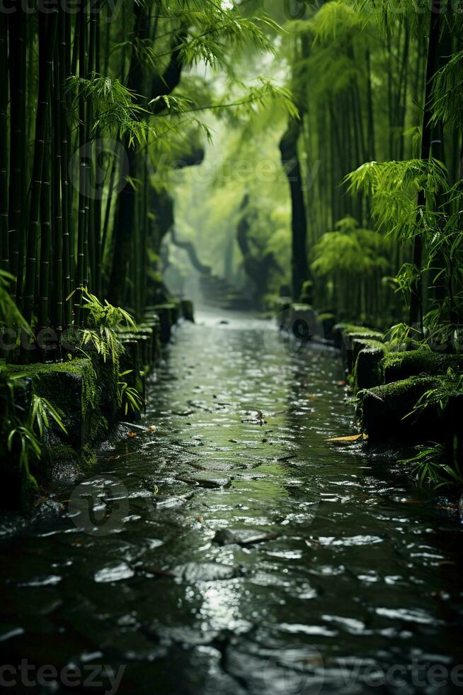 brumoso y lluvioso, bambú bosque. ai generativo foto